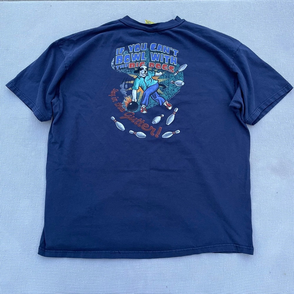 Y2K Big Dogs Bowling Graphic T-Shirt Mens XXL Navy Blue 1997 Santa Barbara